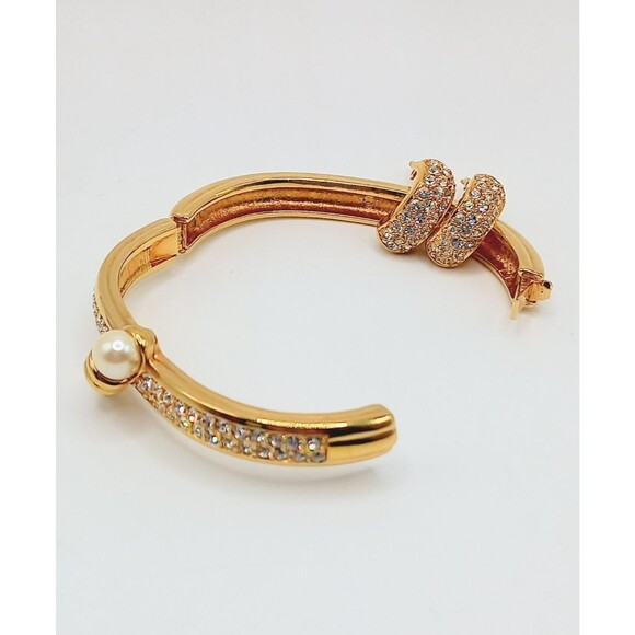 Swarovski Bangle Bracelet & Earrings Crystals & Faux Pearl Gold Tone Swan Mark - Picture 6 of 10